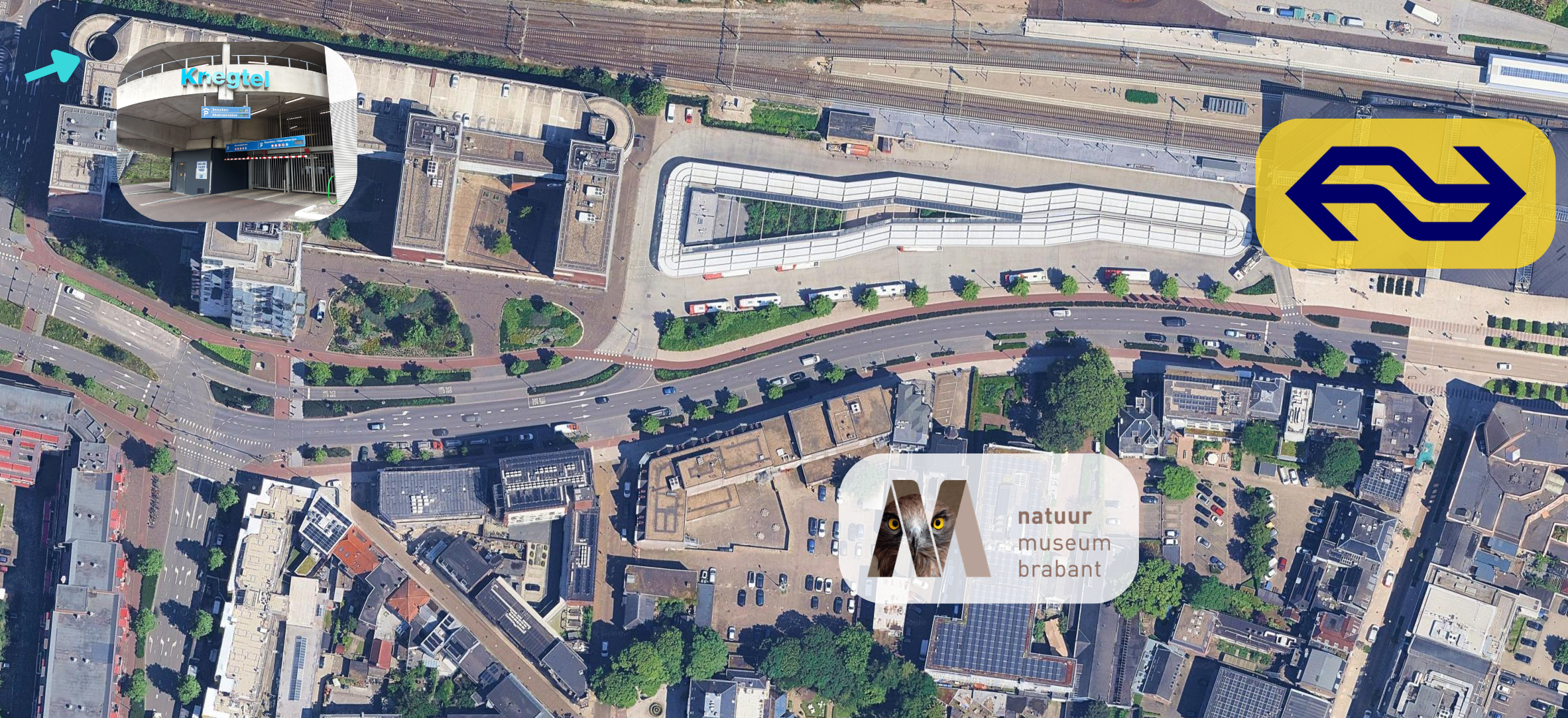 Locaties van Natuurmuseum Brabant, het station en de parkeergarage op een kaart